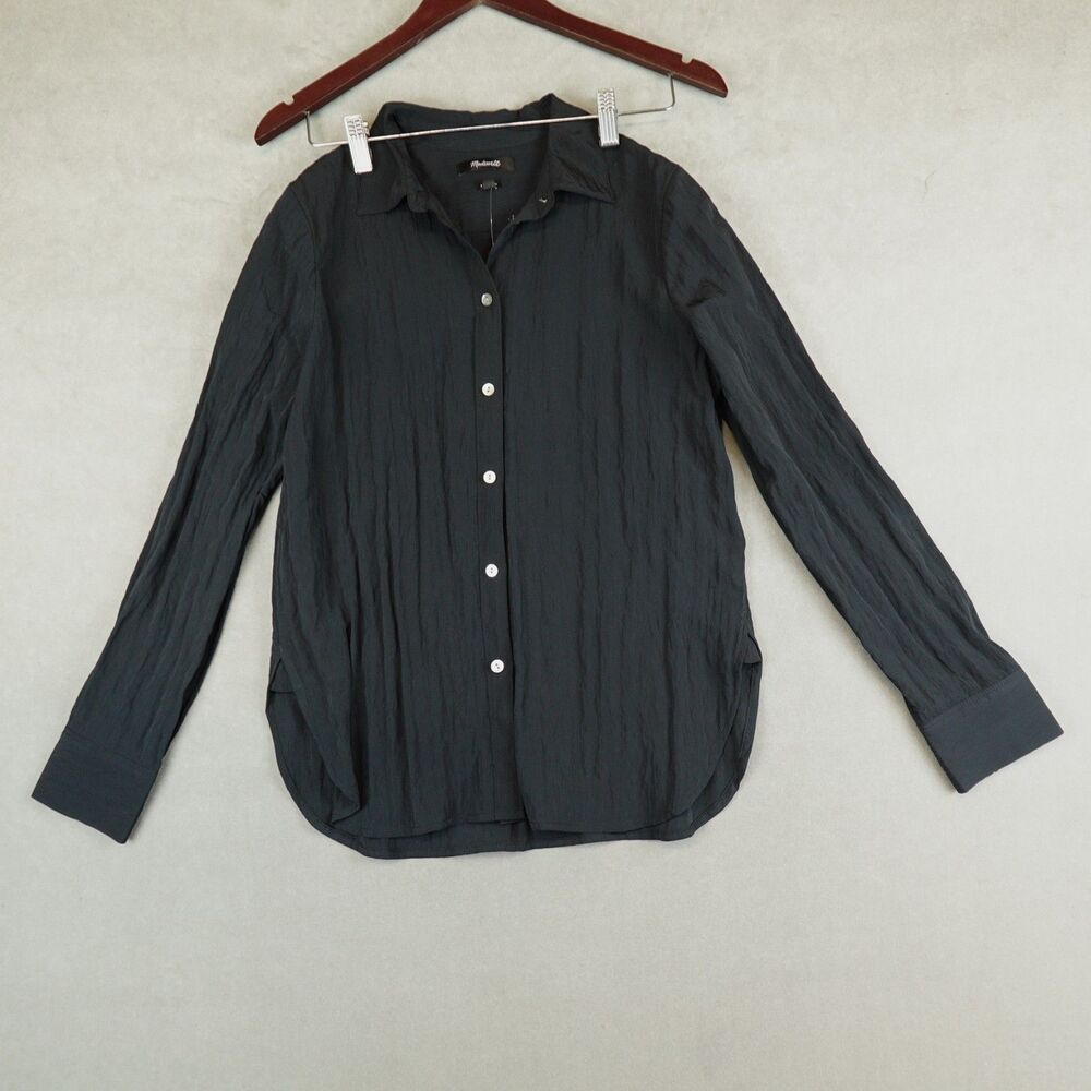 NWT Madewell Shirt Womens Size Small Black Button Up Crinkle Long Sleeves